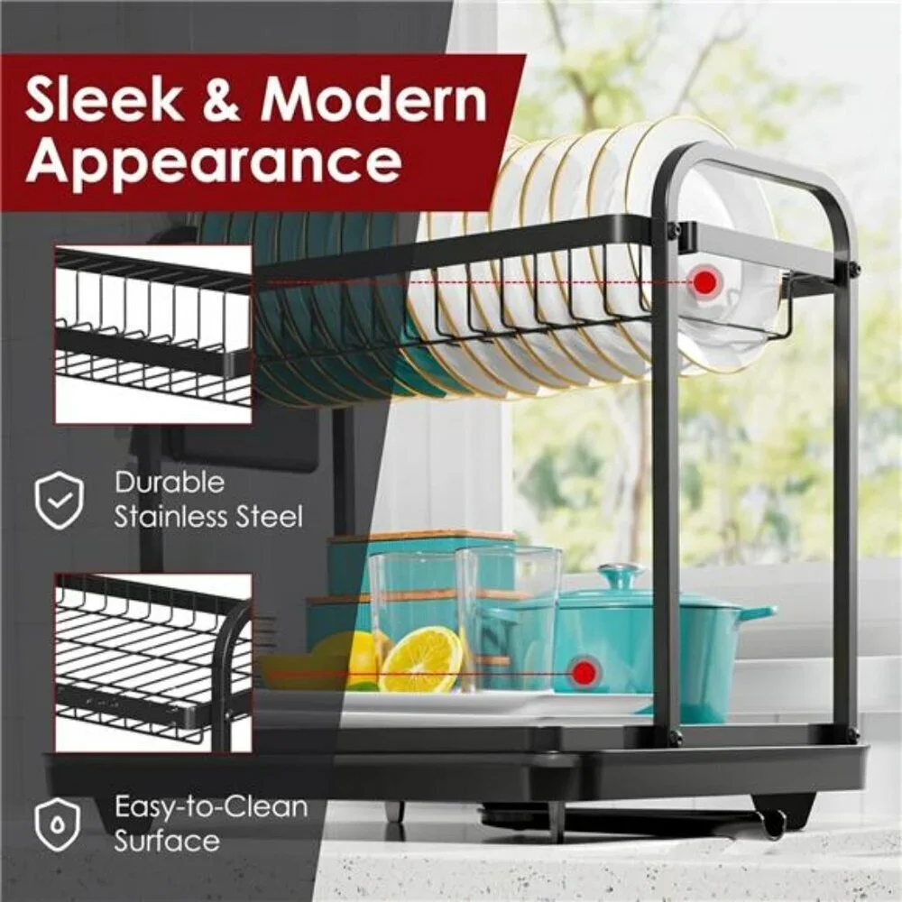 2-Tier Dish Drying Rack Stainless Steel Kitchen Organizer with Drainboard and Ho